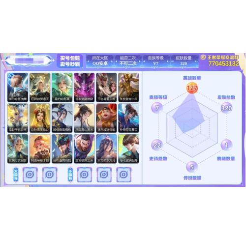 最强王者英雄数量127皮肤数量320荣耀典藏1个传说皮肤5 稀有限定